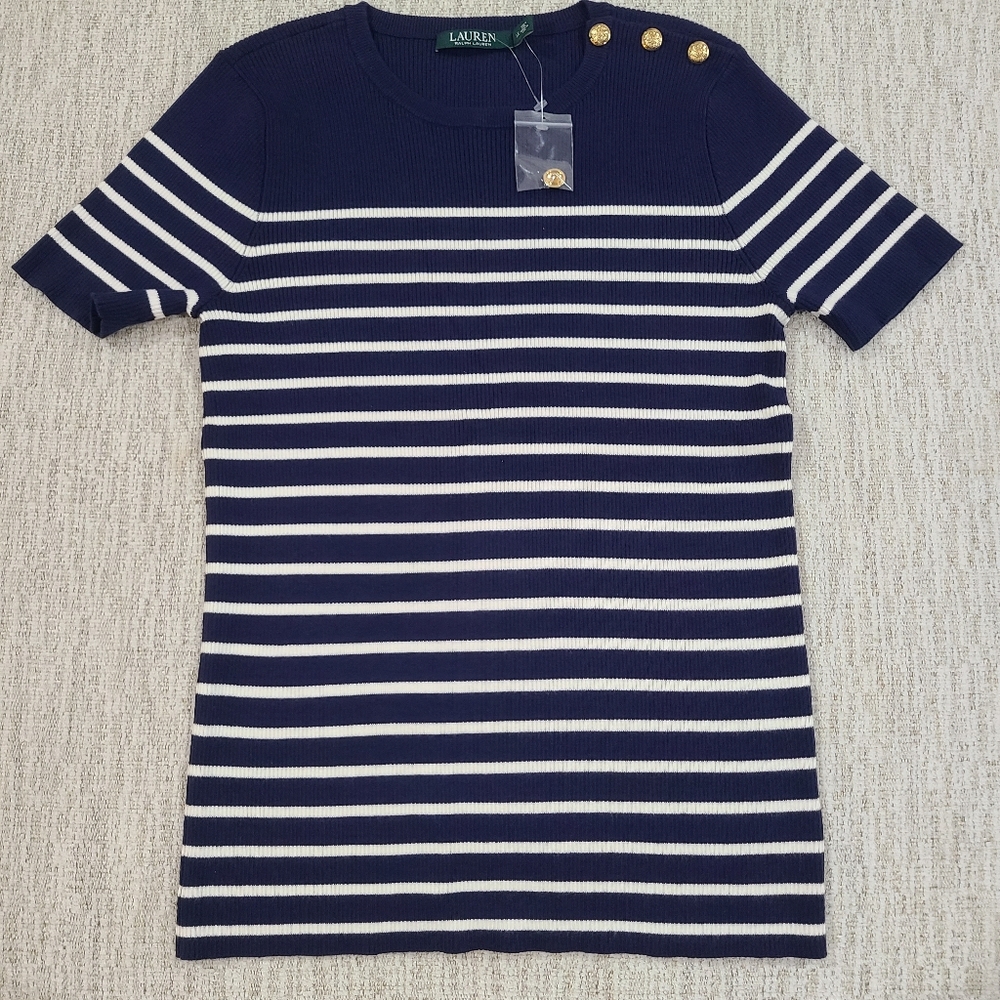 Navy and White Striped Women's Top